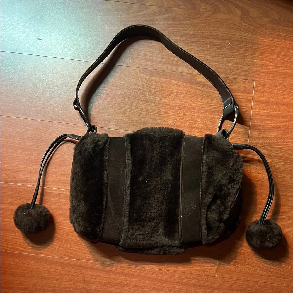 Stuart Weitzman chocolate velvet brown shoulder purse with brass‎ accents